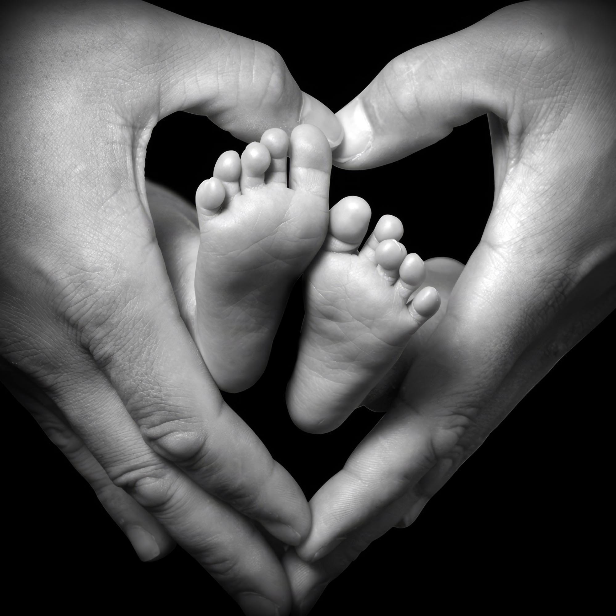 Små babyfødder omgivet af voksnes hænder formet som et hjerte